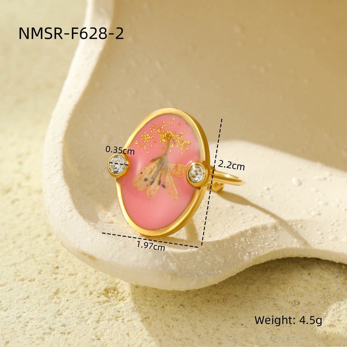 Anillo de Acero Inoxidable con Forma de Corazón a la Moda y Flor Seca Incrustada para Mujer, Baño de Oro, Joyería Chic Minimalista para Oficina