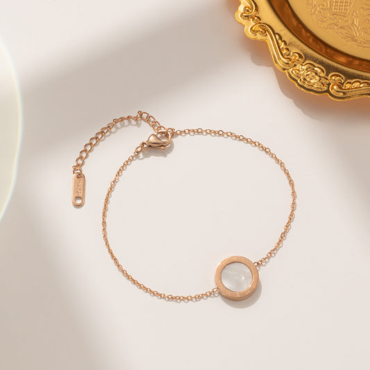 Minimalist Round Roman Numeral Bracelet in Titanium Steel with 18K Rose Gold Plating for Women