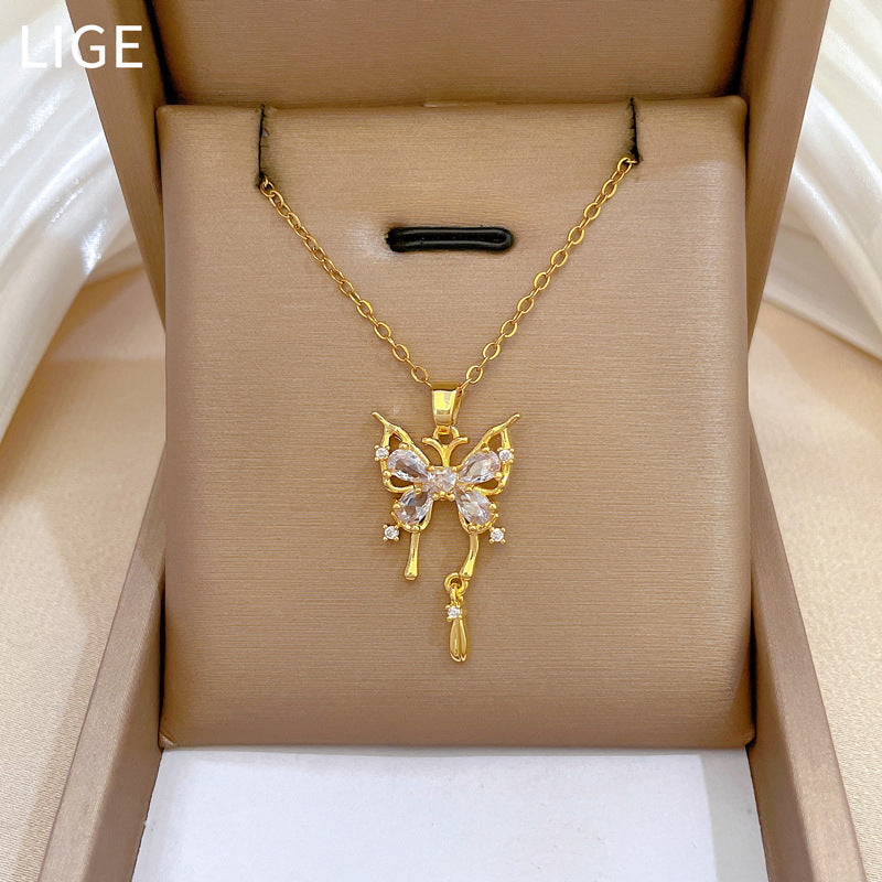 Sweet Minimalist Geometric Butterfly Rhinestone Pendant Titanium Steel Necklace for Unisex