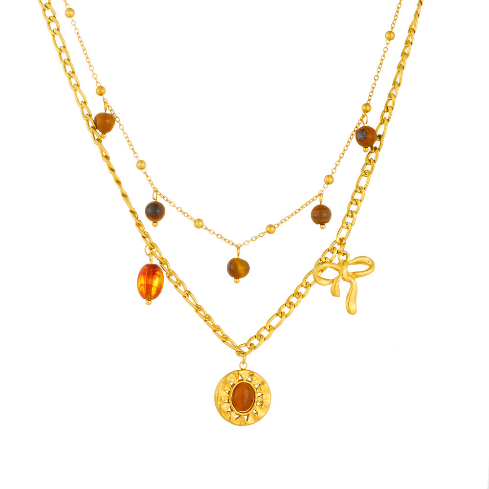 Vintage Round Sun Tiger Eye Stainless Steel Plated Butterfly Pendant Double Layer Serpentine Chain Necklace for Women