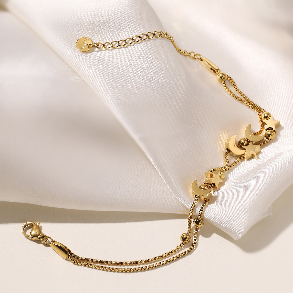 Minimalist 18K Gold Plated Star Moon Geometric Stainless Steel Double Layer Bracelet for Women