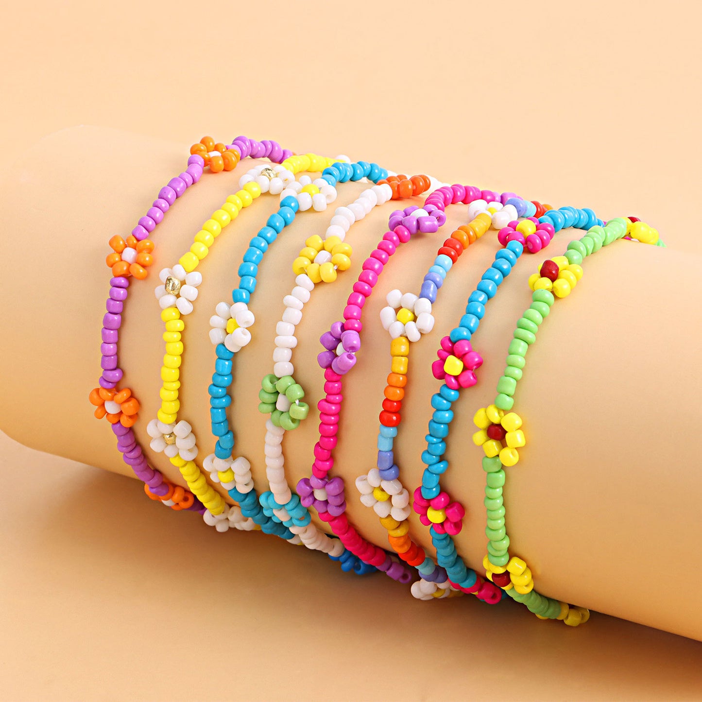 Floral Anklet for Women Handmade Beaded Colorful Flower Design Anklet Set for Beach Fashion