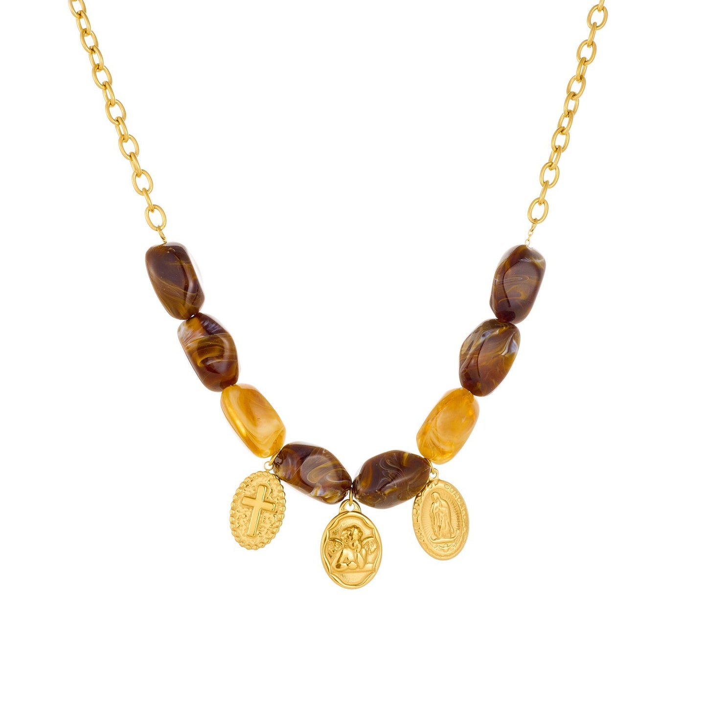 Vintage Ethnic Gold Plated Stainless Steel Cross Oval Round Beaded Necklace for Women