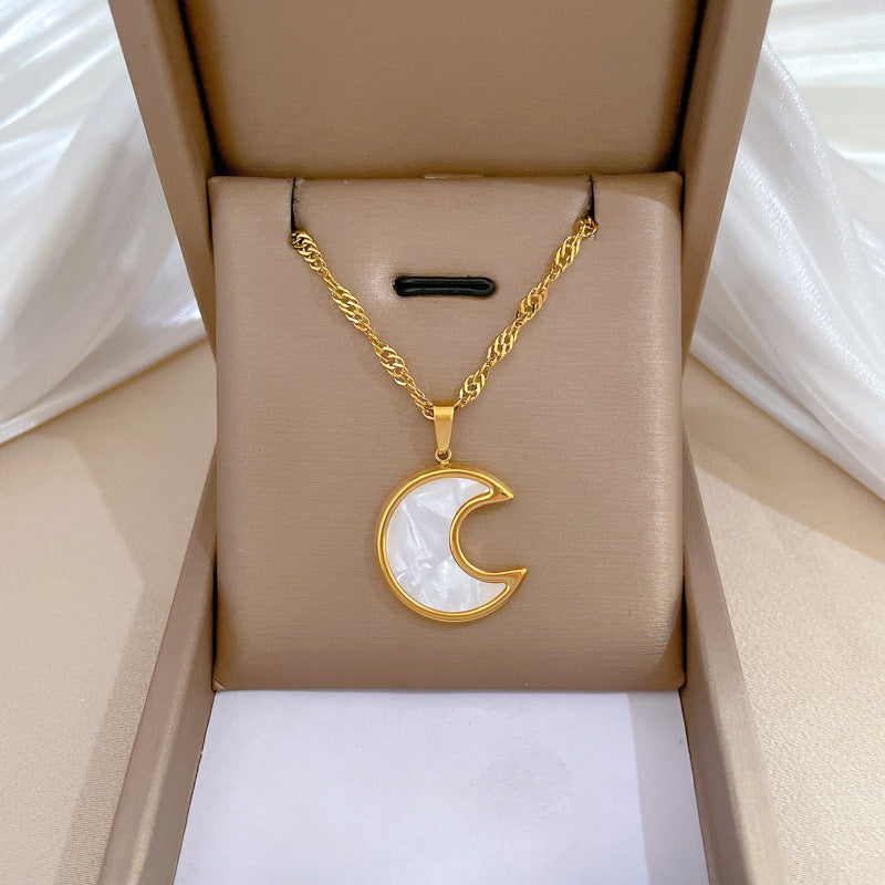 Minimalist Titanium Steel Geometric Moon and Shell Pendant Necklace for Women Gold-Plated Clavicle Chain