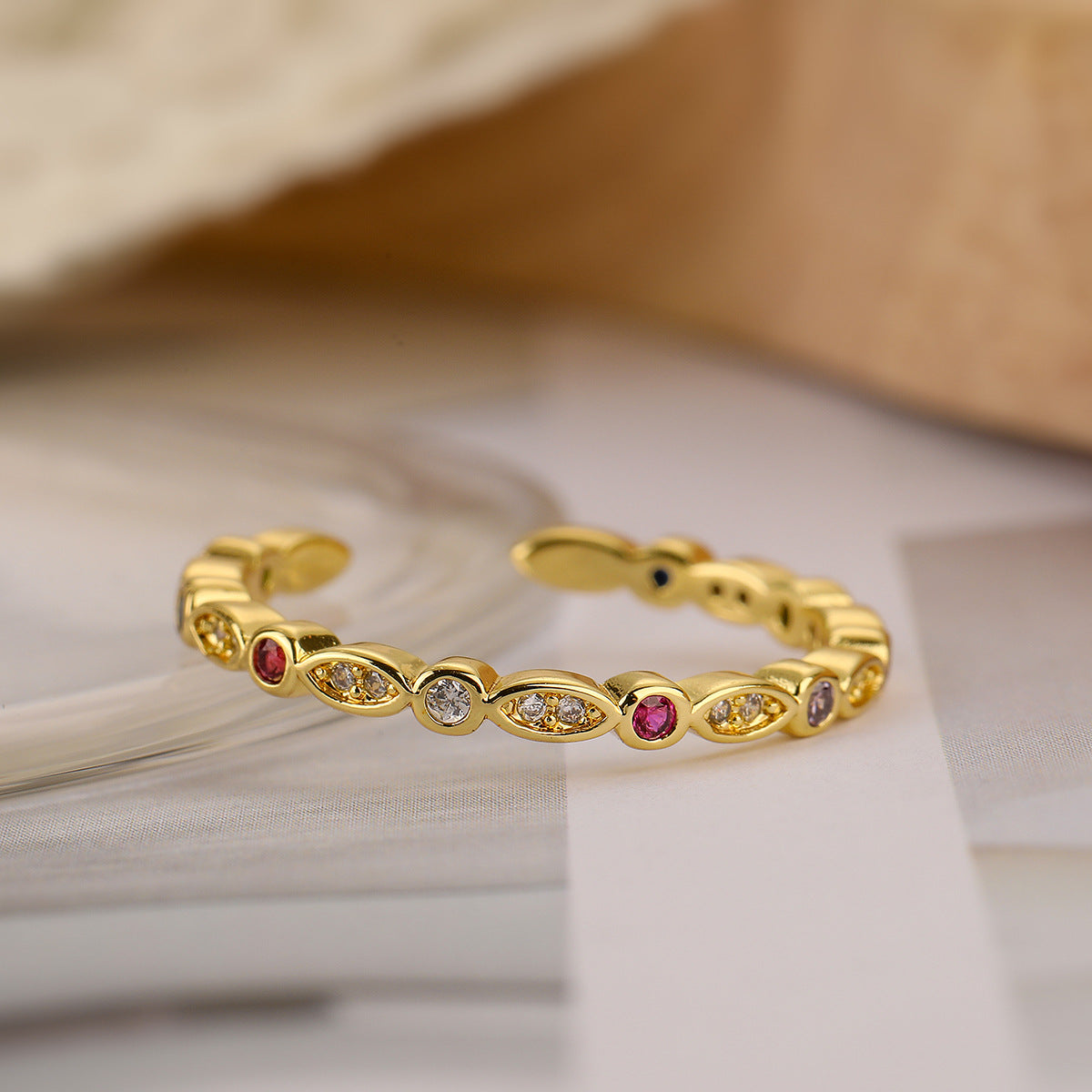 Minimalist Geometric Open Ring for Women in Brass with Real Gold Plating and Zircon Inlay