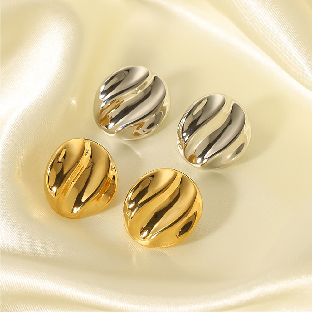 Ins Style Wavy Textured Round Titanium Steel Earrings with Gold Plating for Women