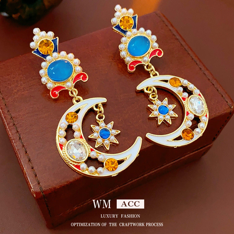 Vintage Floral Star Moon Pearl Stud Earrings with Rhinestone Inlay and Stainless Steel Posts for Women