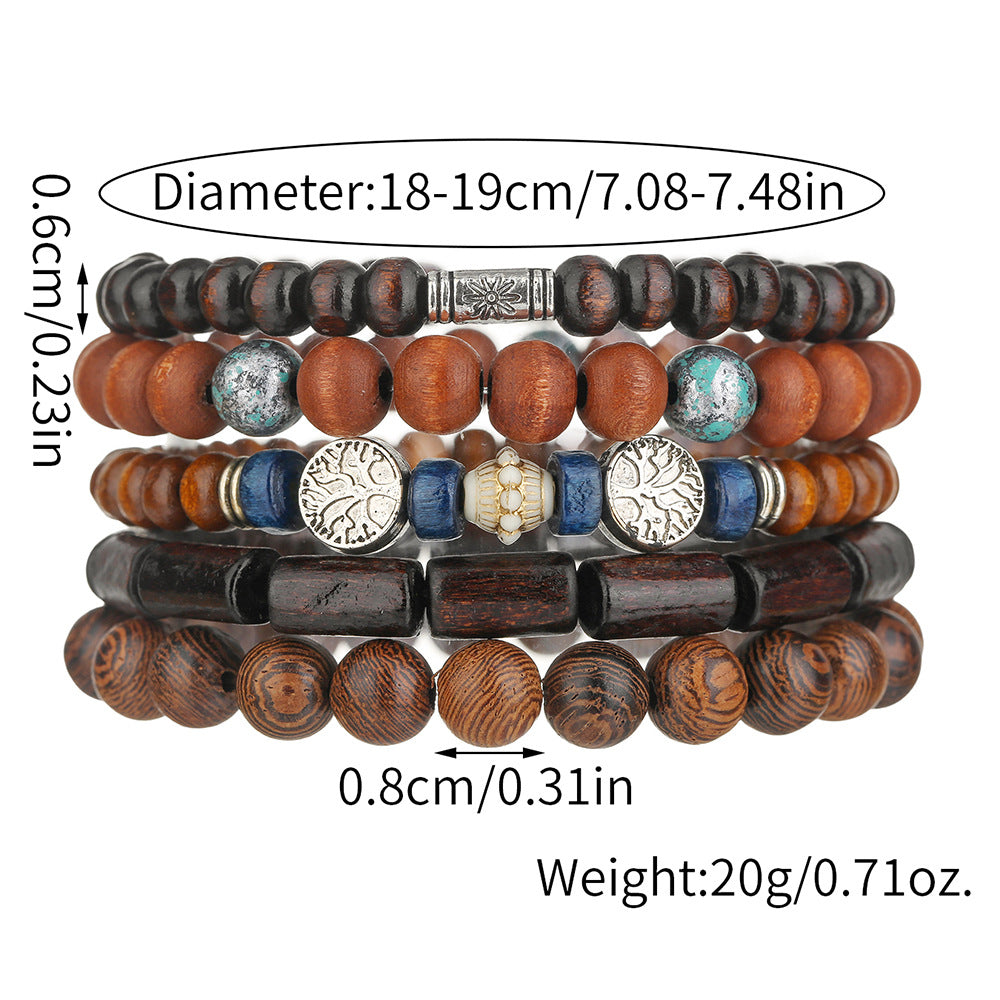 Vintage Ethnic Round Wood Beaded Tree of Life Bracelet for Men and Women