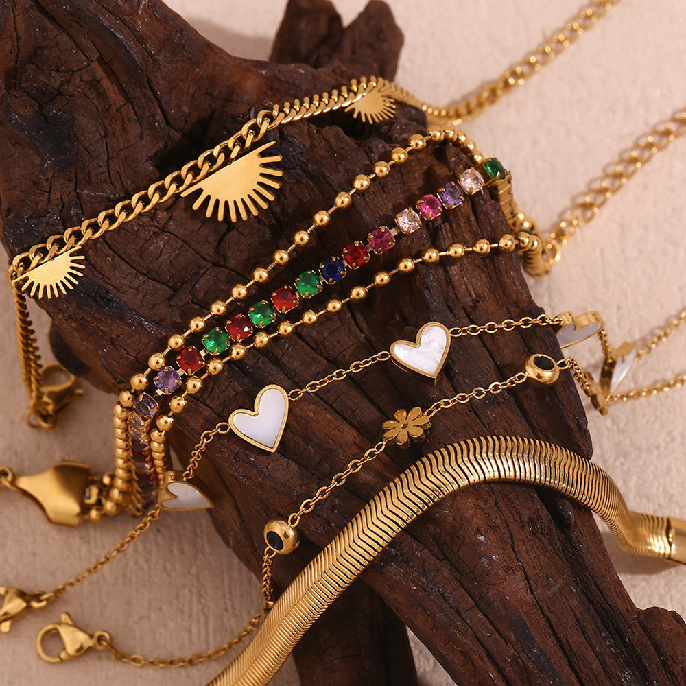 Vintage-Inspired Geometric Heart and Floral Stainless Steel Bracelet for Women with 18K Gold Plating and Micro-Pave Detailing