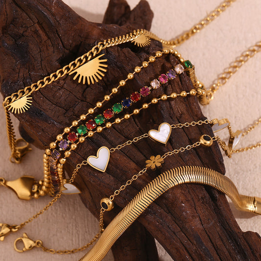 Vintage-Inspired Geometric Heart and Floral Stainless Steel Bracelet for Women with 18K Gold Plating and Micro-Pave Detailing