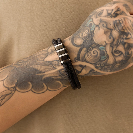 Vintage-Style Braided Leather Bracelet for Women with Stainless Steel Accents and Plated Finish