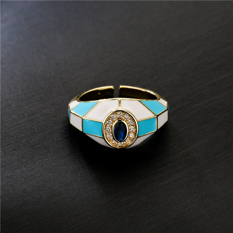 Sweet 18K Gold Plated Square Geometric Brass Ring with Drip Oil and Cubic Zirconia Inlay for Women