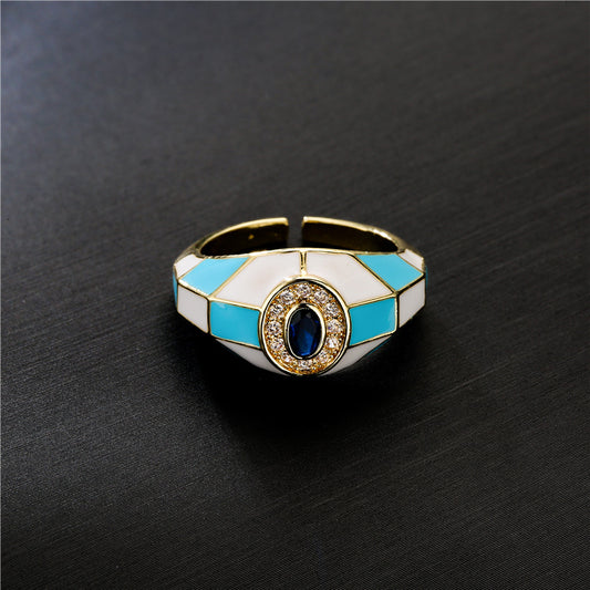 Sweet 18K Gold Plated Square Geometric Brass Ring with Drip Oil and Cubic Zirconia Inlay for Women