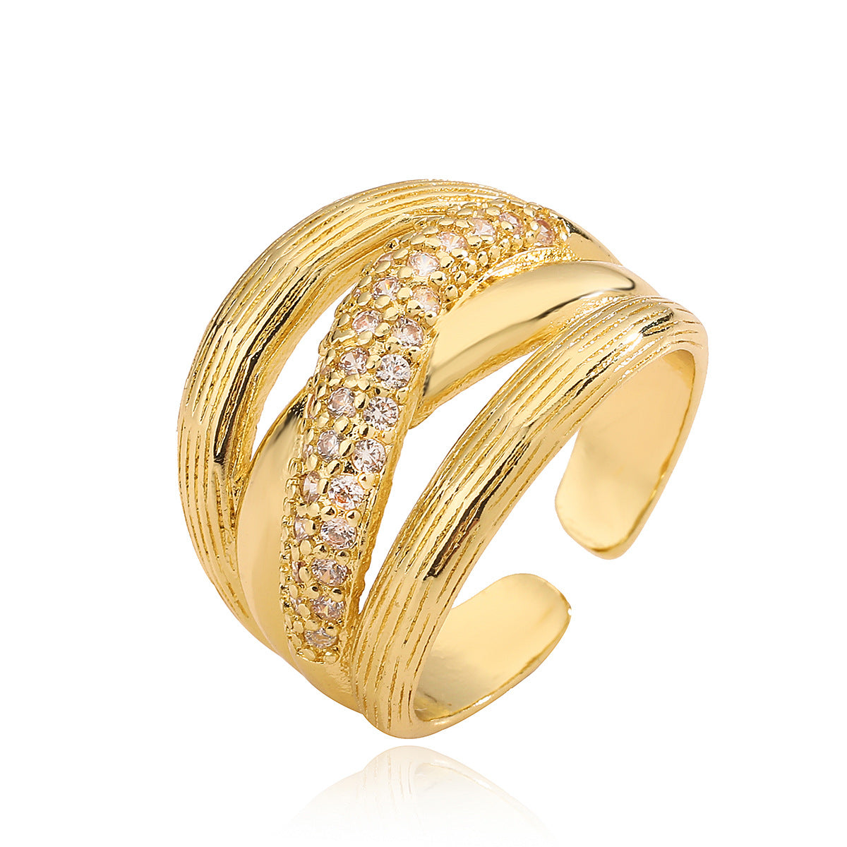 Vintage Irregular Geometric Copper Ring with 18K Gold Plating and Zircon Inlay for Women
