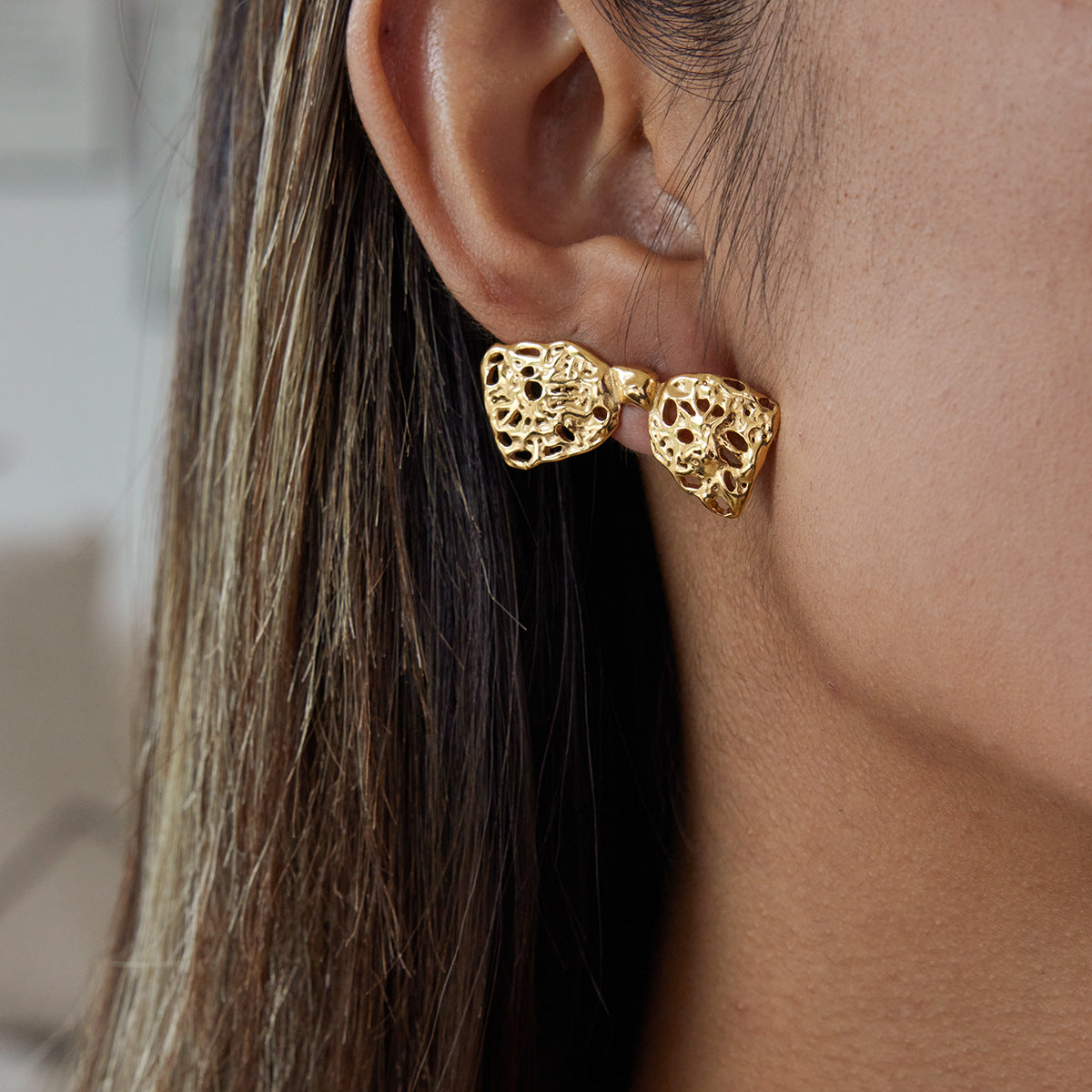 Orecchini a perno da donna lusso, minimalisti, geometrici, a fiocco, in acciaio inossidabile placcato oro 18K