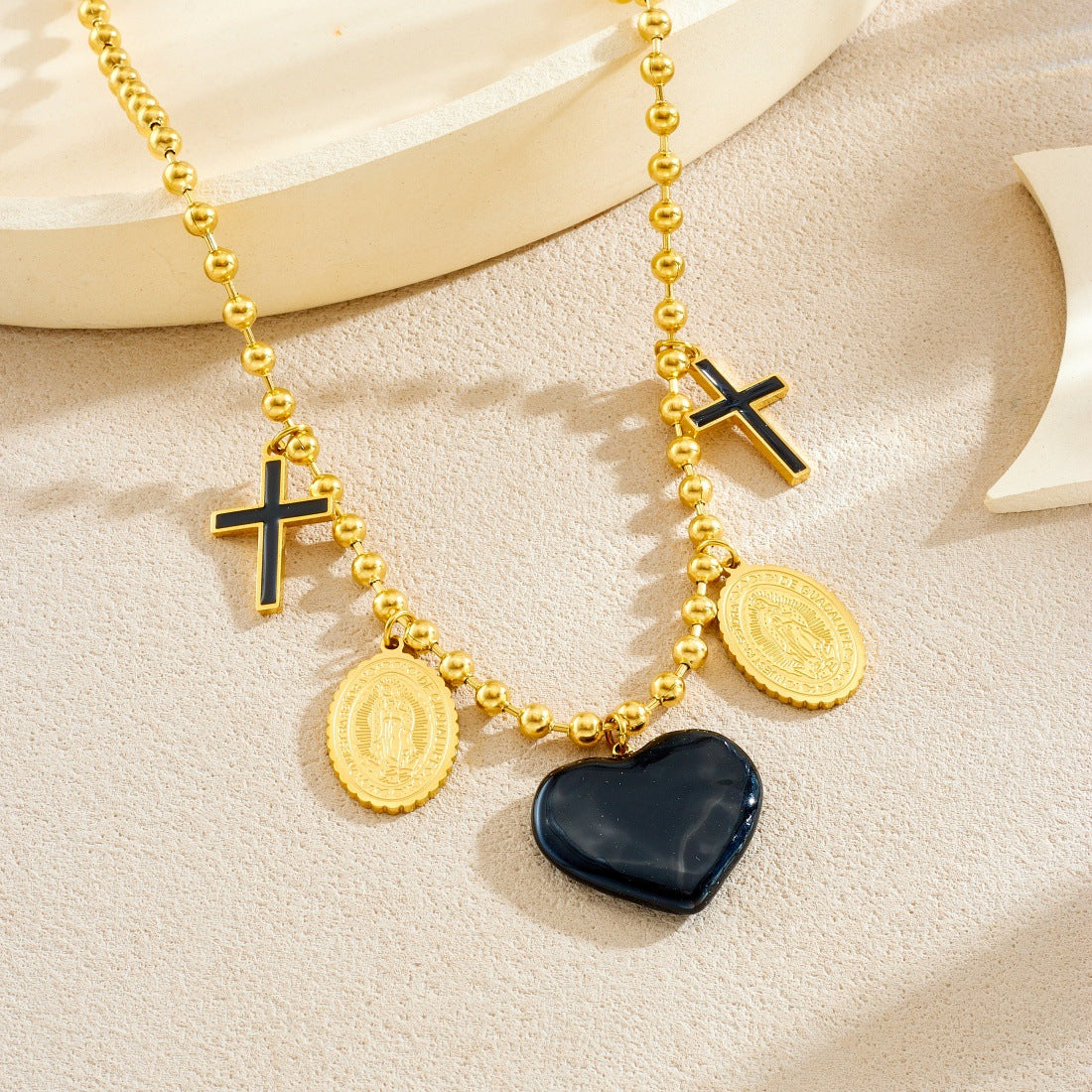 Chic Gold Plated Drip Oil Heart Floral Star Round Stainless Steel Pendant Necklace for Women