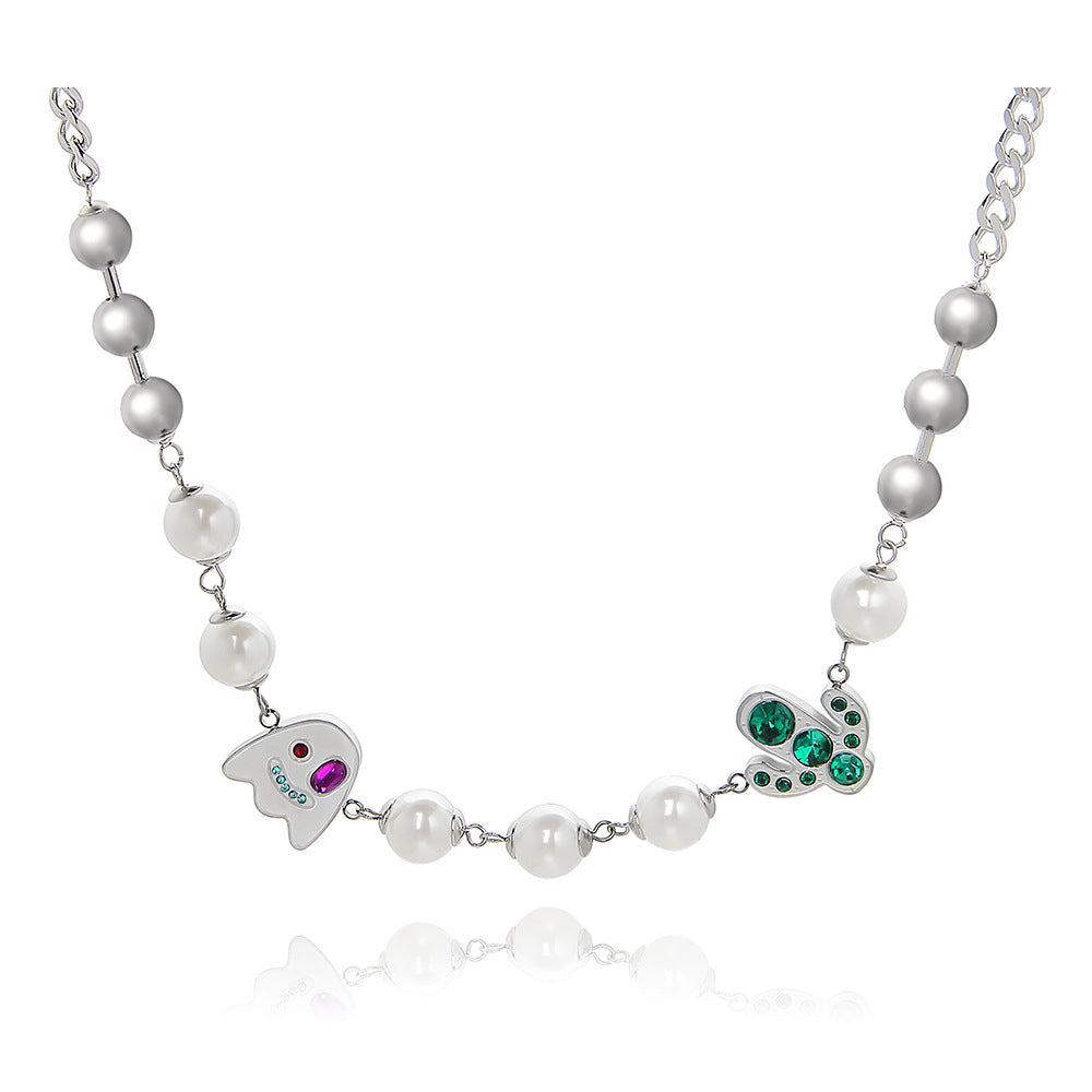 Collar con colgante Edgy de cara de fantasma con incrustaciones de diamantes de imitación y detalles de perlas en cadena cruzada de aleación, unisex