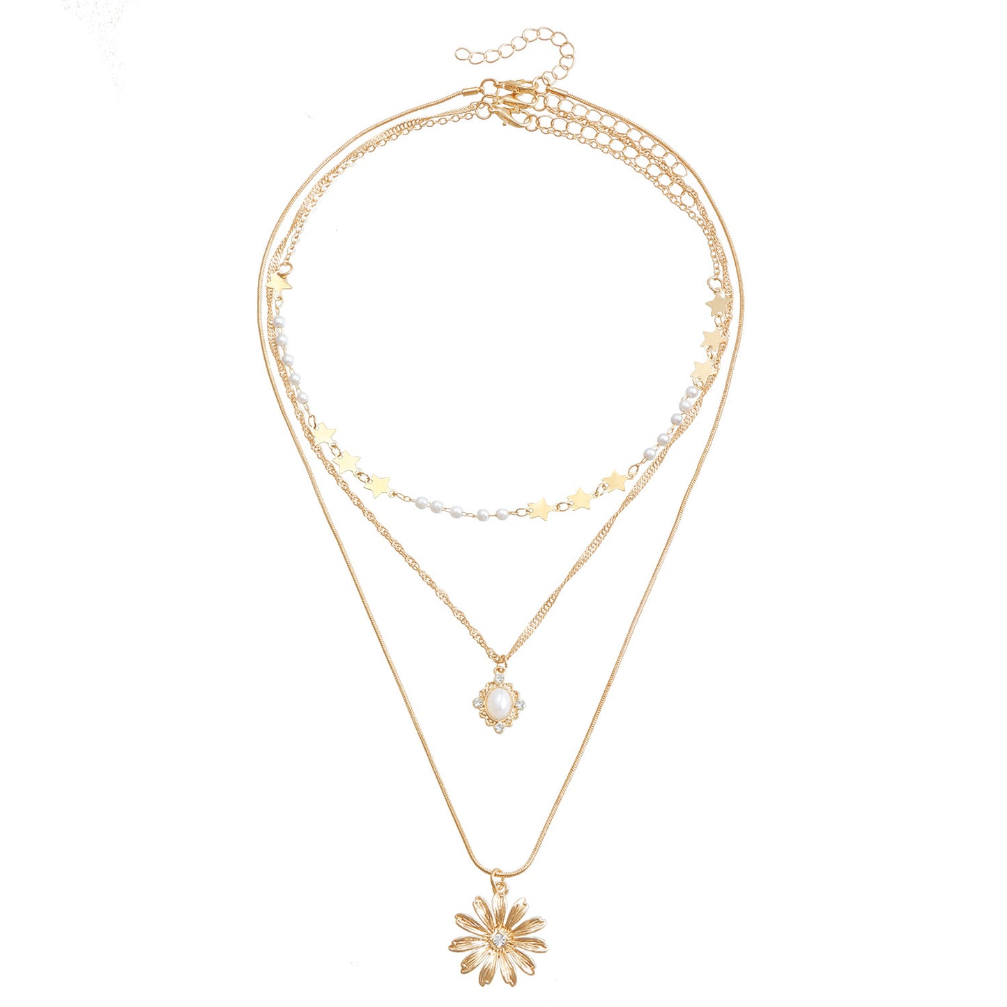 Fashionable Three-Layer Delicate Collarbone Necklace with Star and Sunflower Pendant in Alloy with Plated Finish