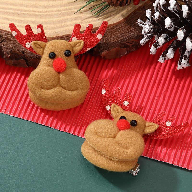 Natural Style Christmas Reindeer Hair Clip for Kids with Bow and Ruffled Mesh Design Plastic Resin Duckbill Hairpin