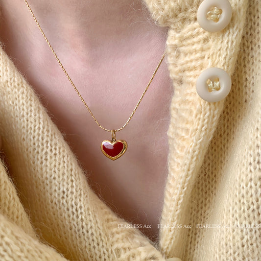 Minimalist Heart-Shaped Enamel Pendant Necklace in Titanium Steel with Snake Chain for Women