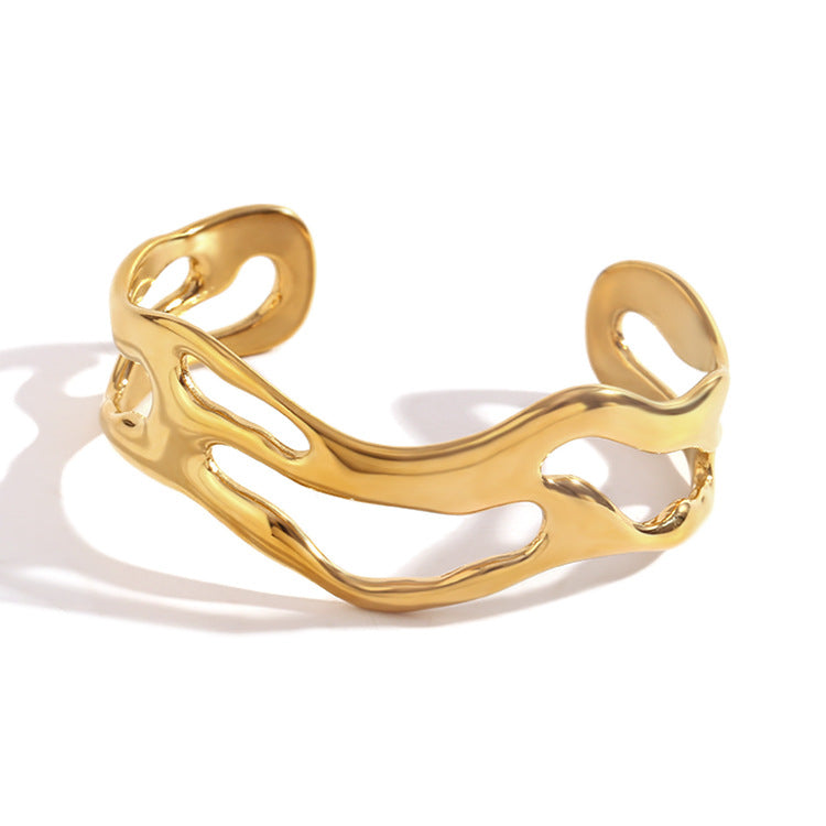 Minimalist Wave Hollow Stainless Steel Bracelet for Women with 18K Gold Plating