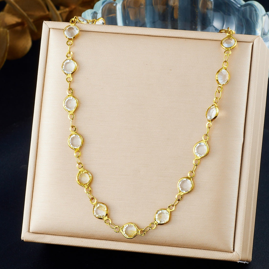 Minimalist Gold Plated Stainless Steel Round Crystal Rhinestone Jewelry Set for Women