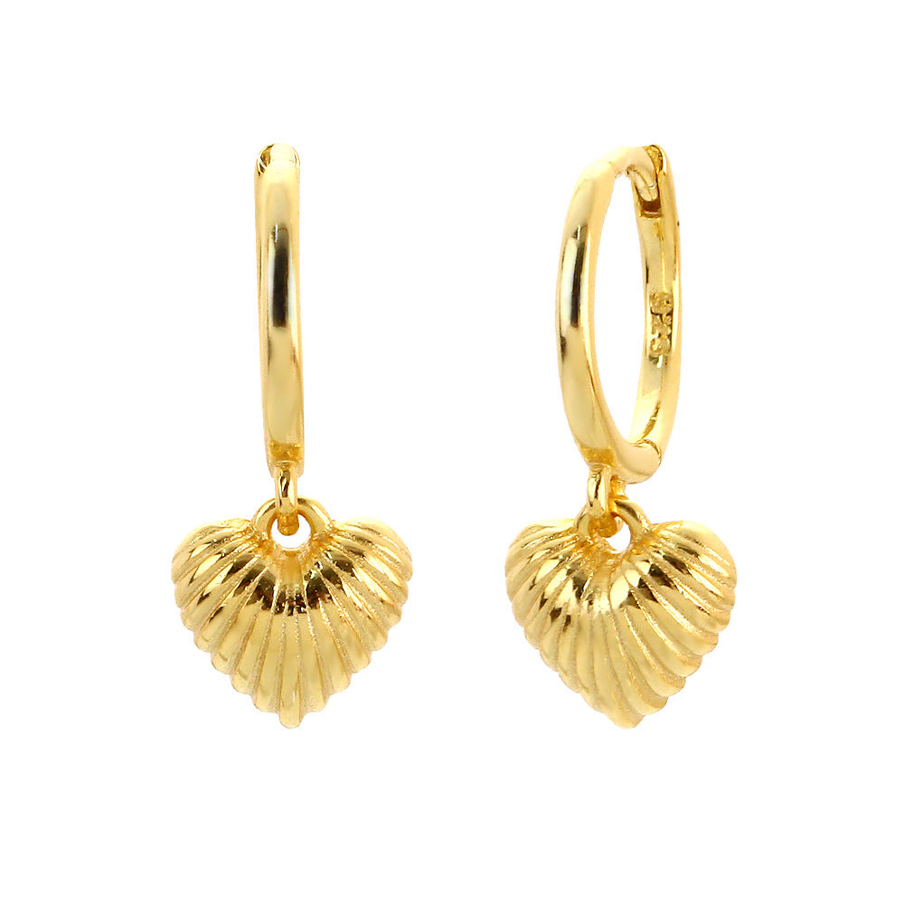 Sweet-Edgy Heart-Shaped S925 Sterling Silver Ear Cuffs with Shell Texture and Gold Plating for Women