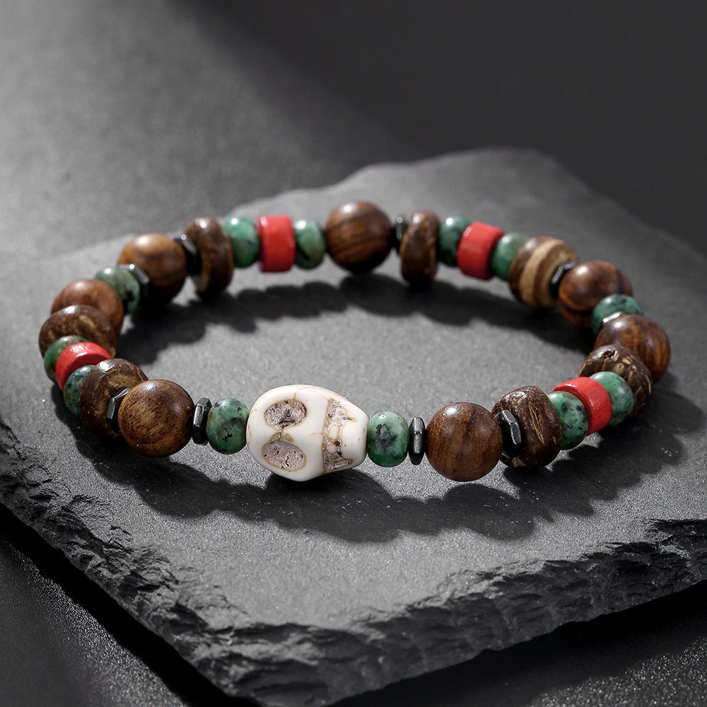 Maillard Tone Geometric Round Wood Bead Stainless Steel Bracelet