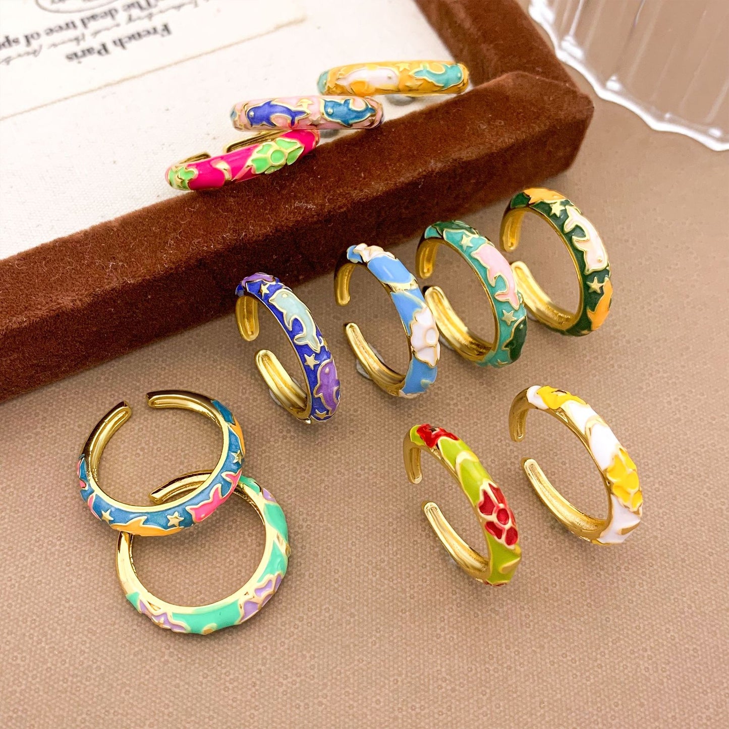 Vintage Sweet Floral Enamel Drip Oil Plated Alloy Adjustable Ring for Women