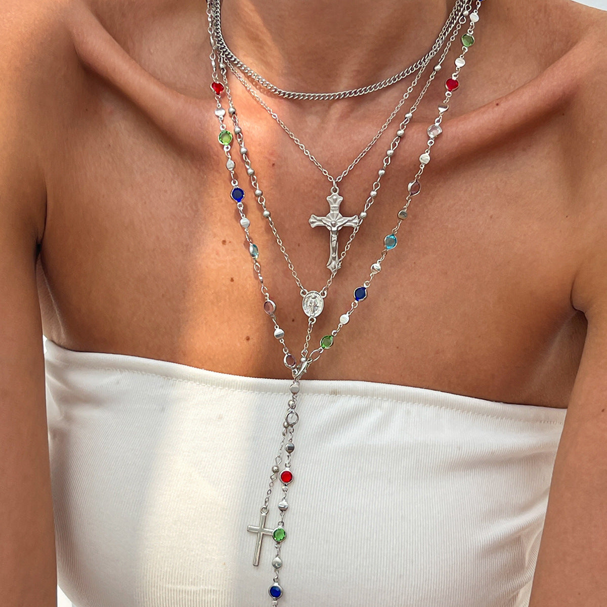 Minimalist Cross Pendant Necklace in Zinc Alloy with Rhinestone Inlay and Plated Finish for Women