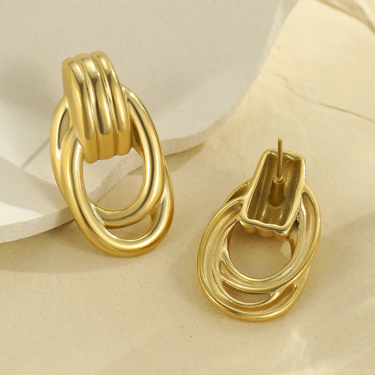 Minimalist Geometric Stainless Steel Earrings with Gold Plating and Twisted Thread Detail for Women