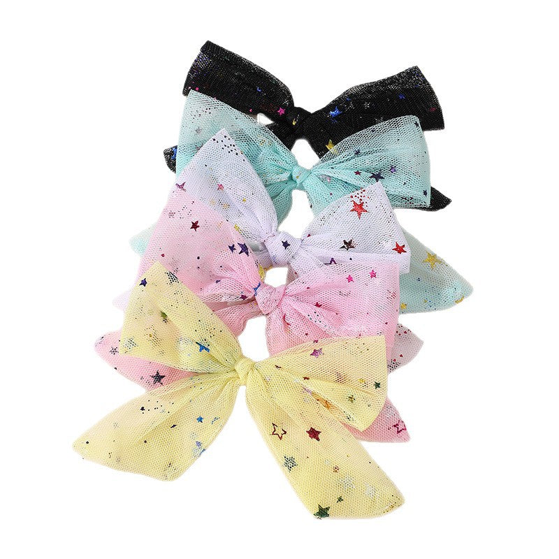 Ribbon Bow Hair Clip Set with Star and Moon Motifs, Sequins, Tulle Netting, and Ruffled Details for Girls