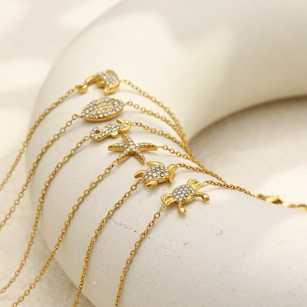Minimalist 18K Gold Plated Geometric Stainless Steel Bracelet with Rhinestone for Women