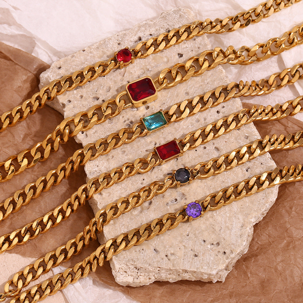 Minimalist Geometric Stainless Steel Plated 18K Gold Cuban Link Bracelet with Micro-Paved Zirconia for Women