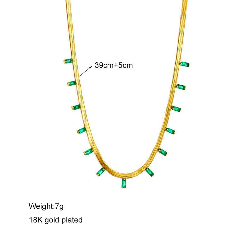 Minimalist Retro Geometric Titanium Steel Snake Chain Necklace with Small Green Rhinestones