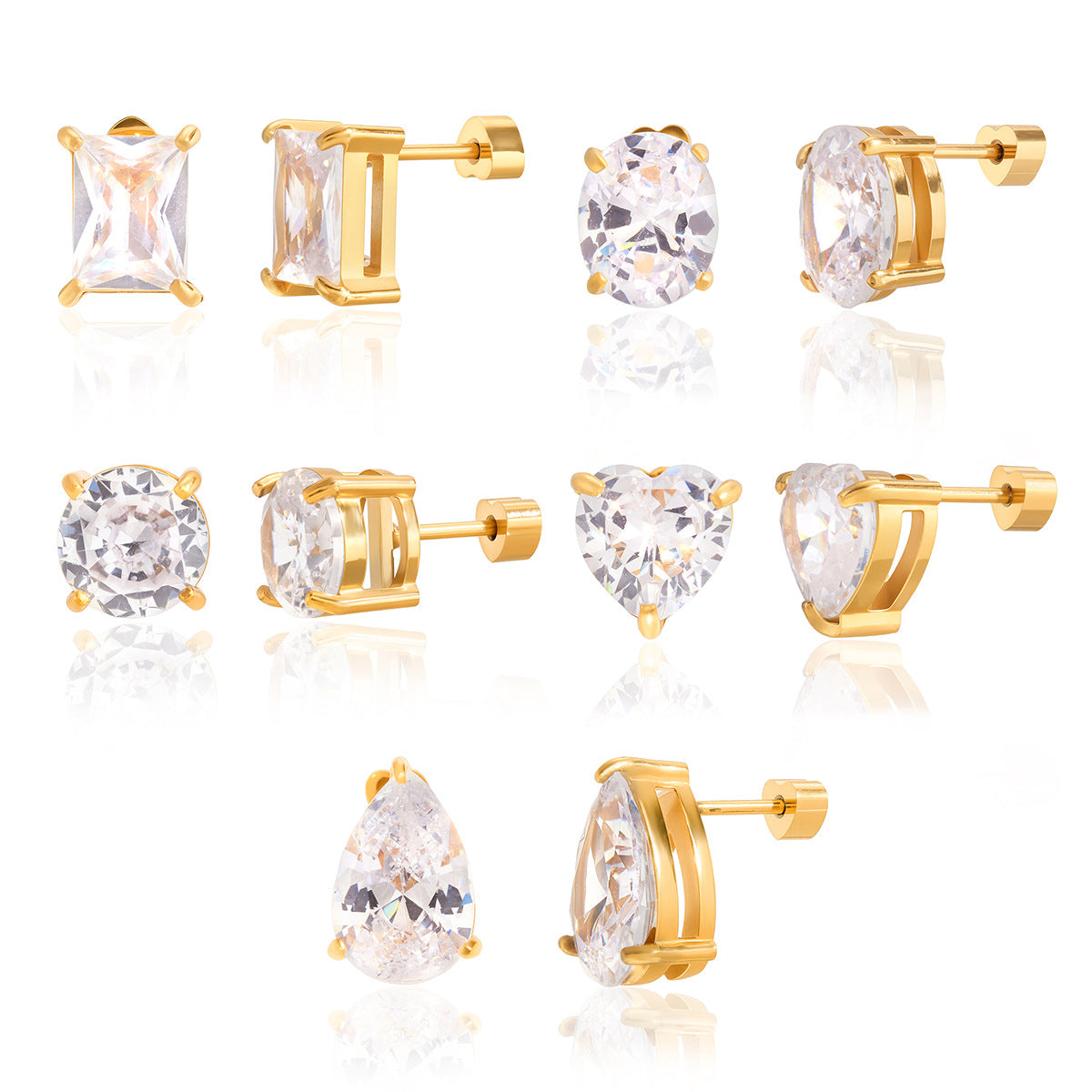 Orecchini a perno geometrici minimalisti in acciaio inossidabile con accenti di zirconi placcati in oro 18 carati da donna