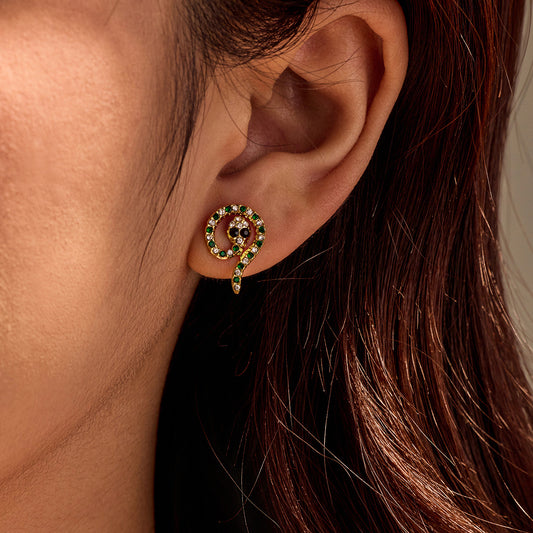 Vintage Stainless Steel Snake-Shaped Stud Earrings with Zircon Inlay for Women