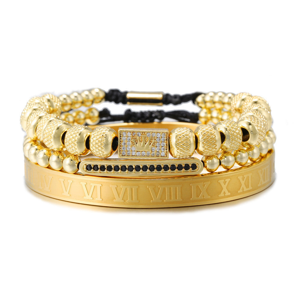 Vintage Punk Geometric Plated Titanium Steel Bracelet Set with Crown and Roman Letter Elements for Men and Women