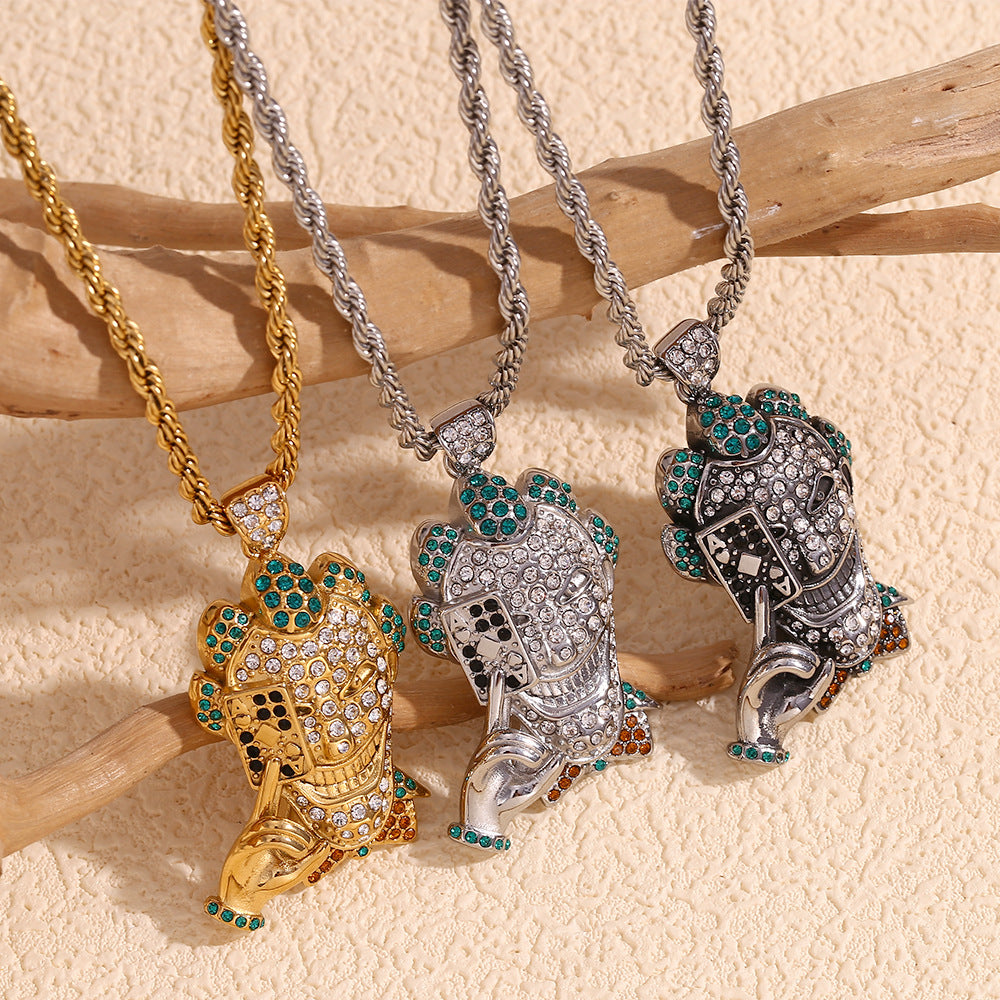 Vintage Geometric Stainless Steel Gold Plated Rhinestone Pendant Rope Chain Necklace for Men