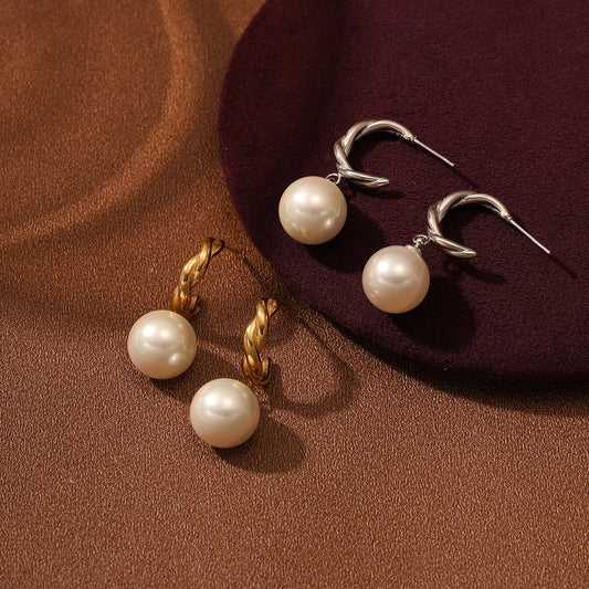 Fashionable Minimalist Pearl-Shaped Titanium Steel Earrings for Women with 18K Gold Vacuum Plating