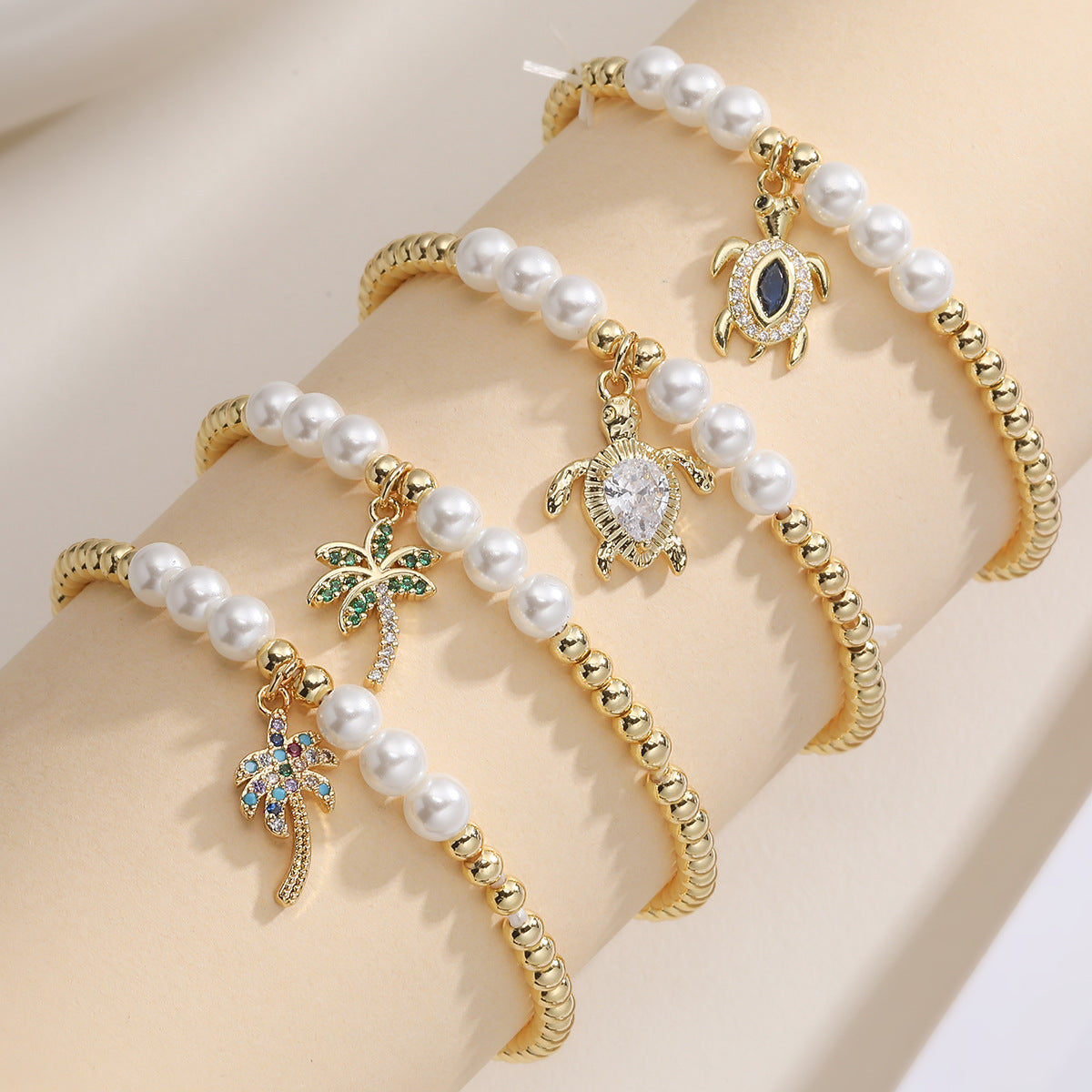 Fashion Beach Style Gold Plated Brass Geometric Turtle Tree Pendant Bracelet with Cubic Zirconia for Women