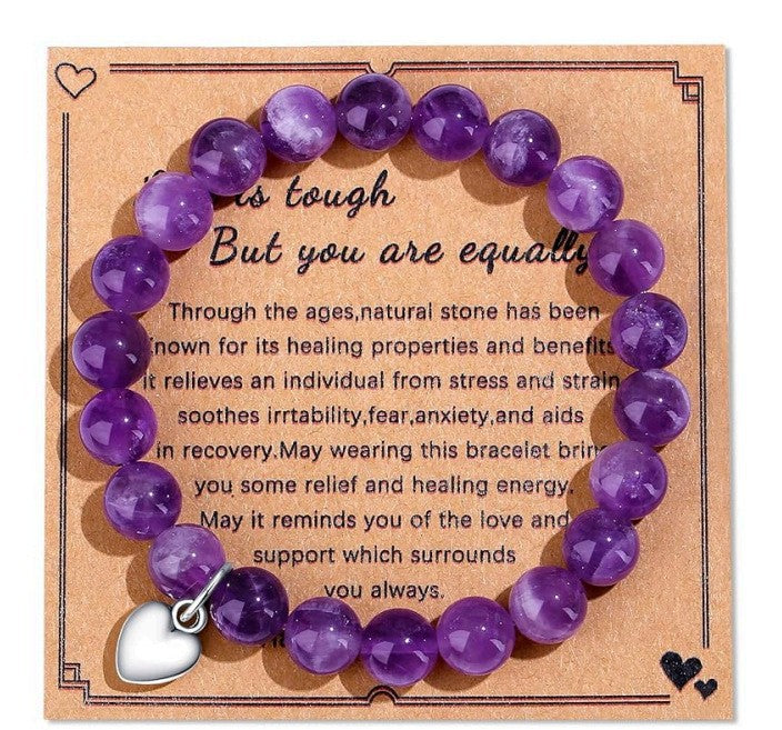Minimalist Stainless Steel Amethyst Crystal Heart Beaded Bracelet Unisex Business Gift