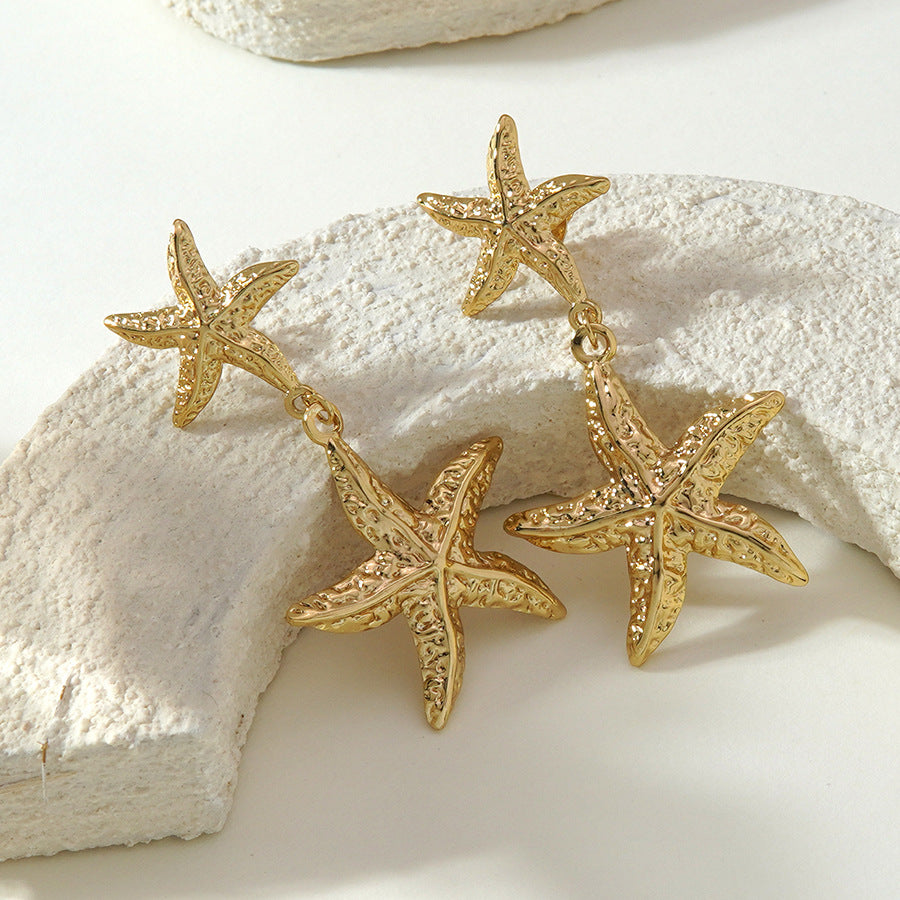 Casual Beach Style Irregular Starfish and Conch Stainless Steel Earrings for Women