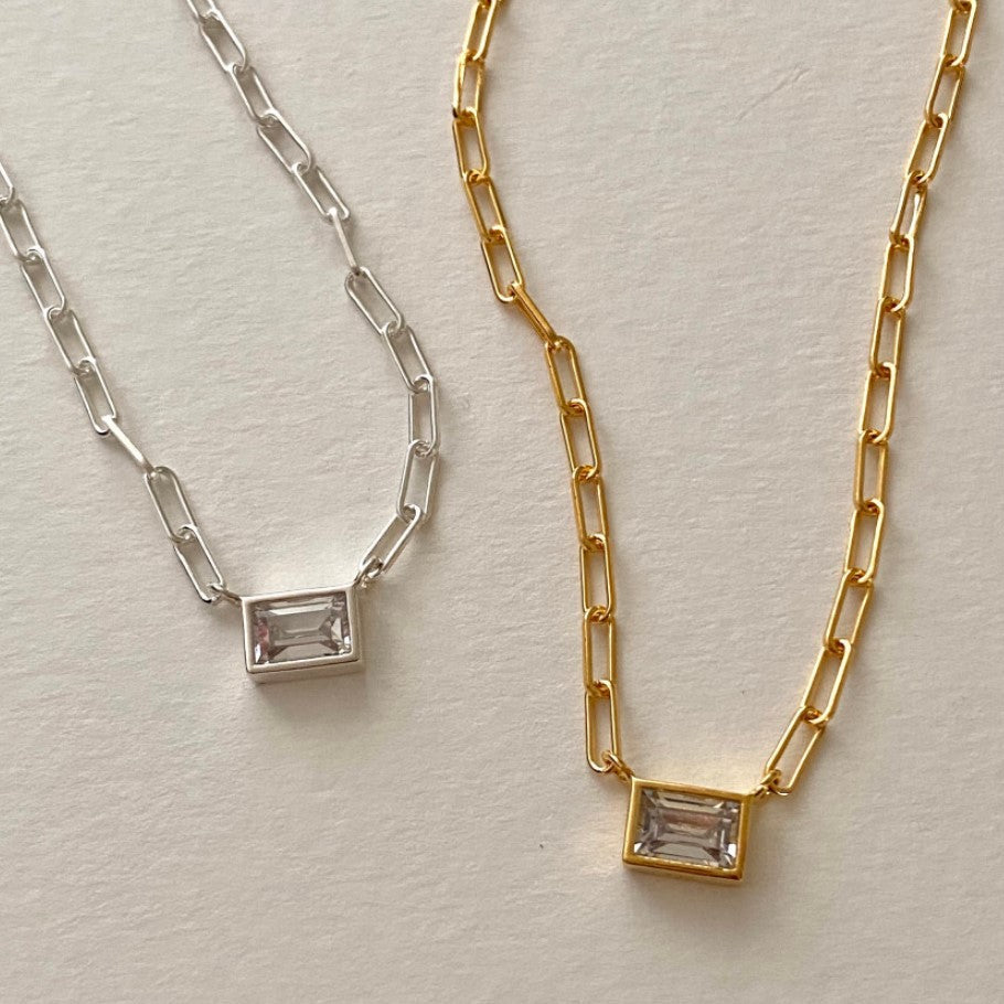Minimalist Geometric Square Pendant Necklace for Women in 925 Sterling Silver with White Rhinestones