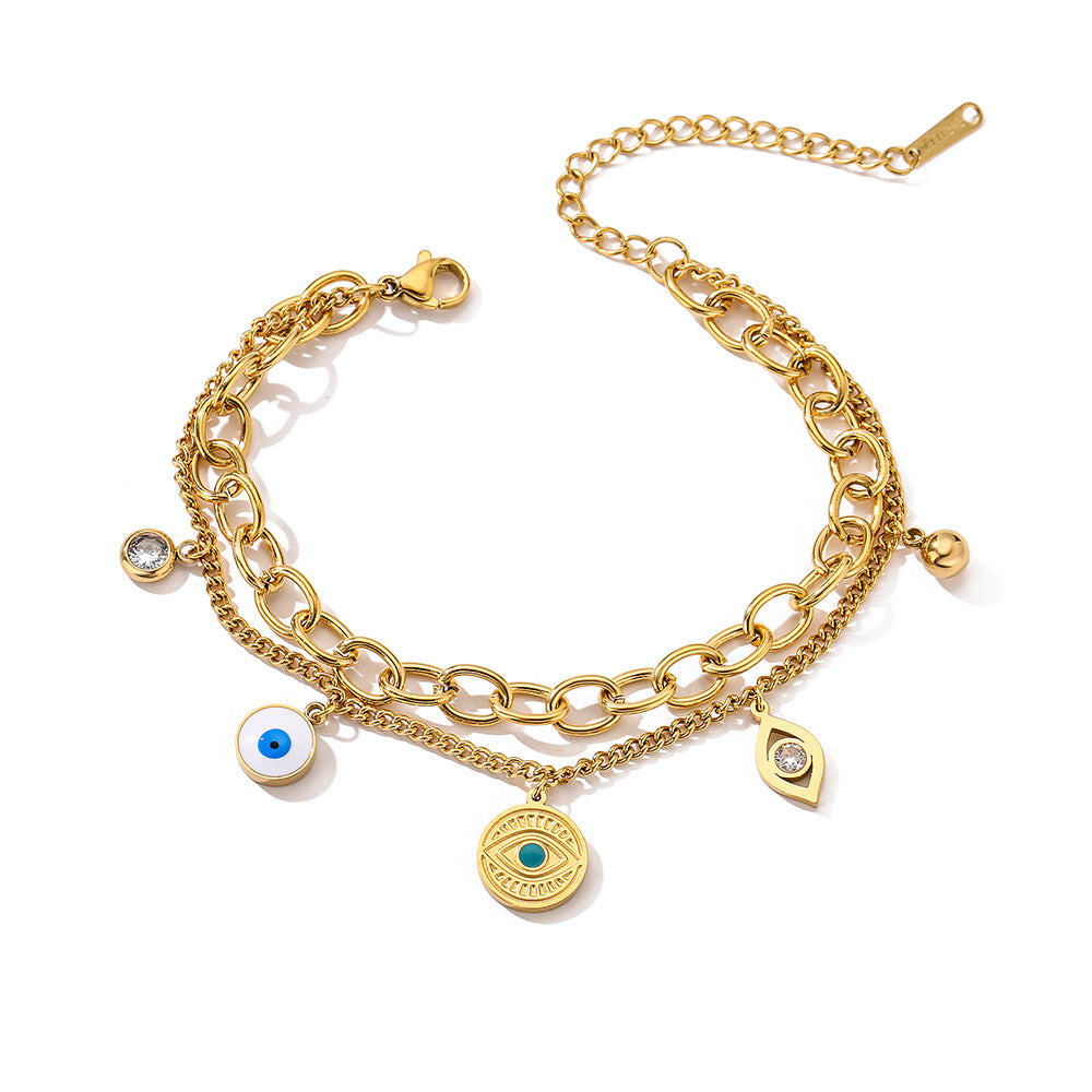 Fashionable Minimalist Geometric Titanium Steel Double-Layer Evil Eye Bracelet for Women