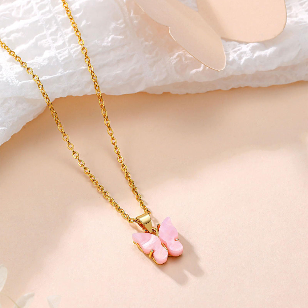 Pink Butterfly Pendant Stainless Steel Necklace for Women