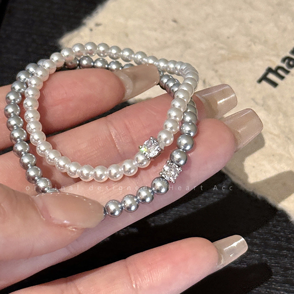 Vintage French Geometric Pearl-Style Bracelet with Zircon Accents Handmade for Women