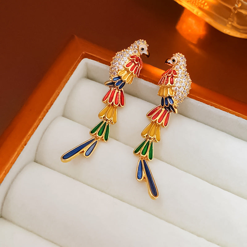 Vintage-Style Parrot-Shaped Earrings in Gold-Plated Copper with 925 Sterling Silver Posts for Women