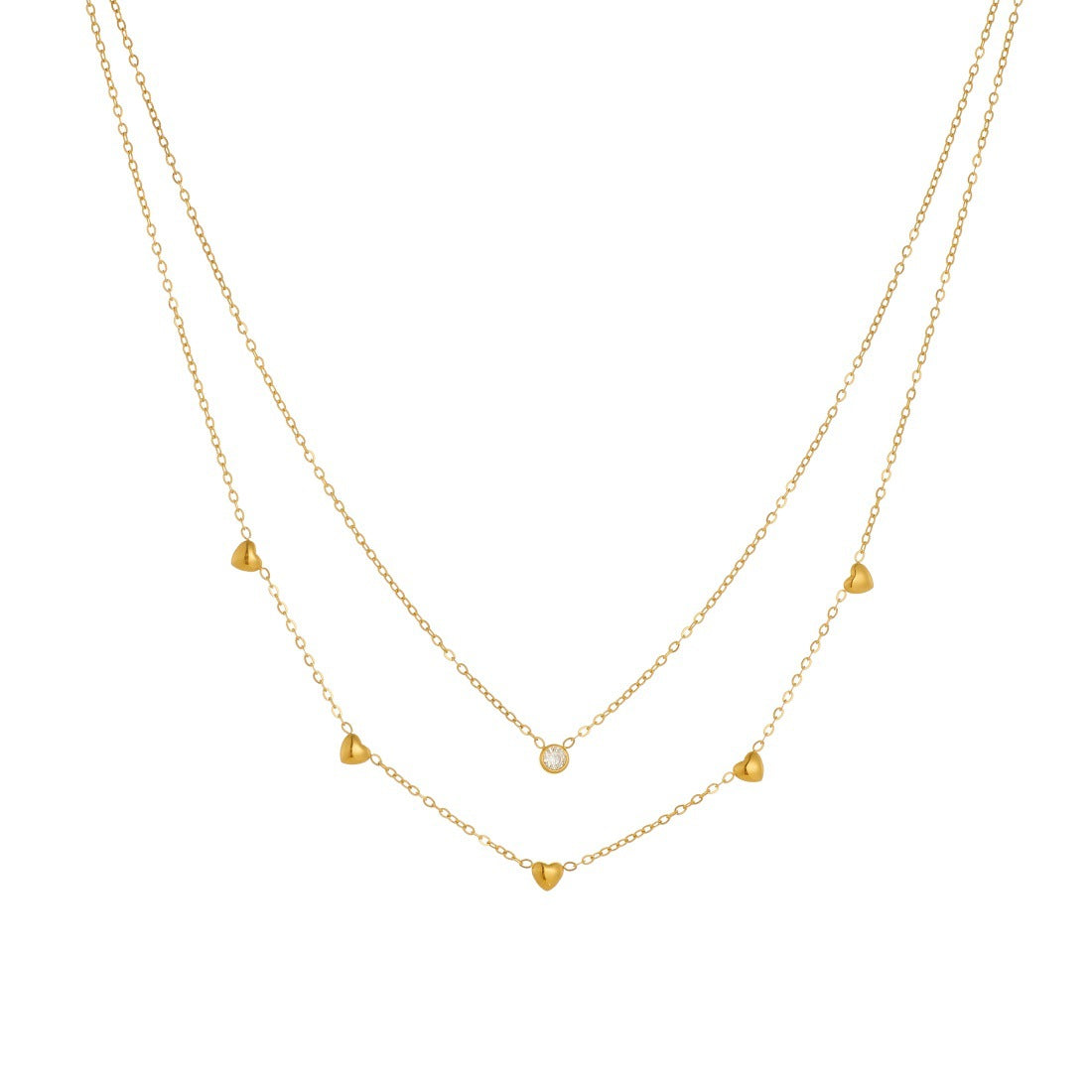 Minimalist Gold Plated Stainless Steel Heart Rhinestone Pendant Layered Necklace for Women