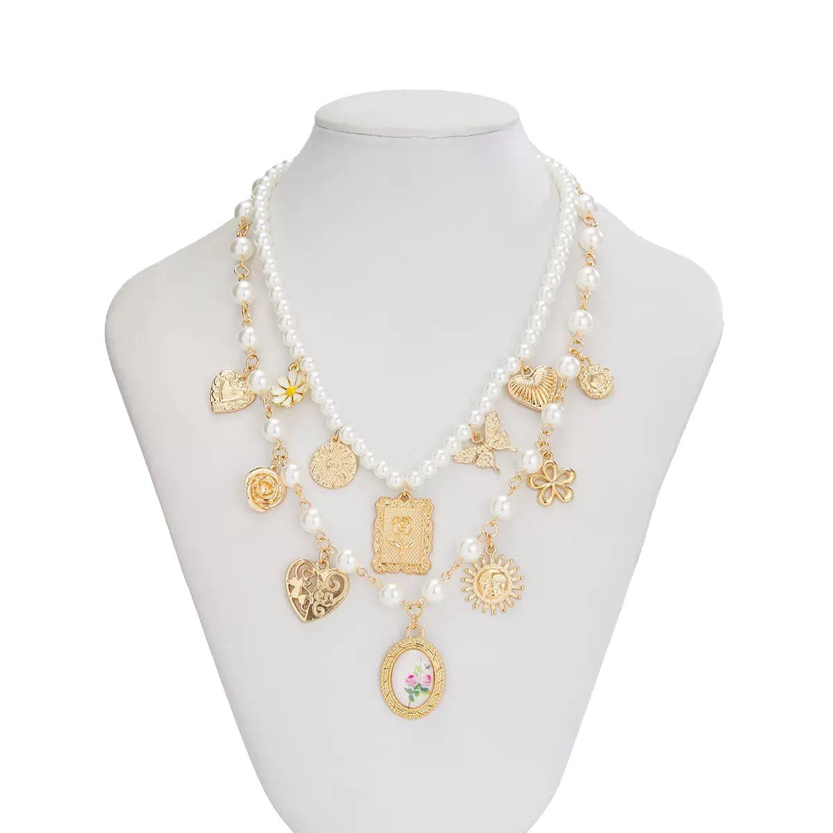 Collar con colgante en forma de corazón floral bohemio chapado en aleación con borla de perlas de imitación para mujer